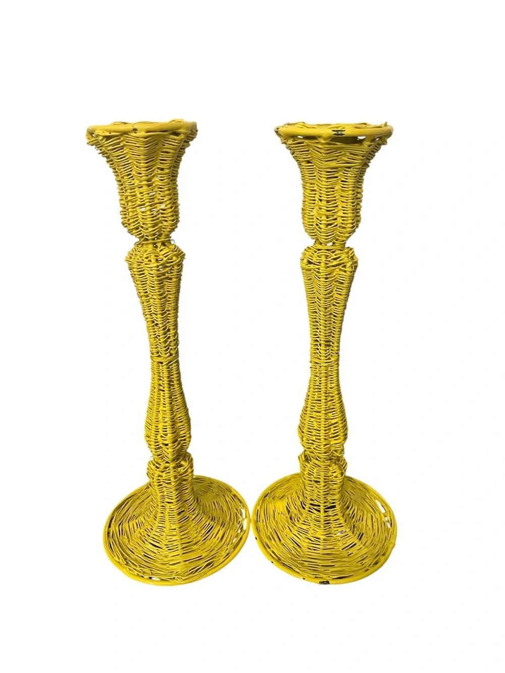 Vintage Yellow Spun Wire Taper Candlestick Holders - Set of 2